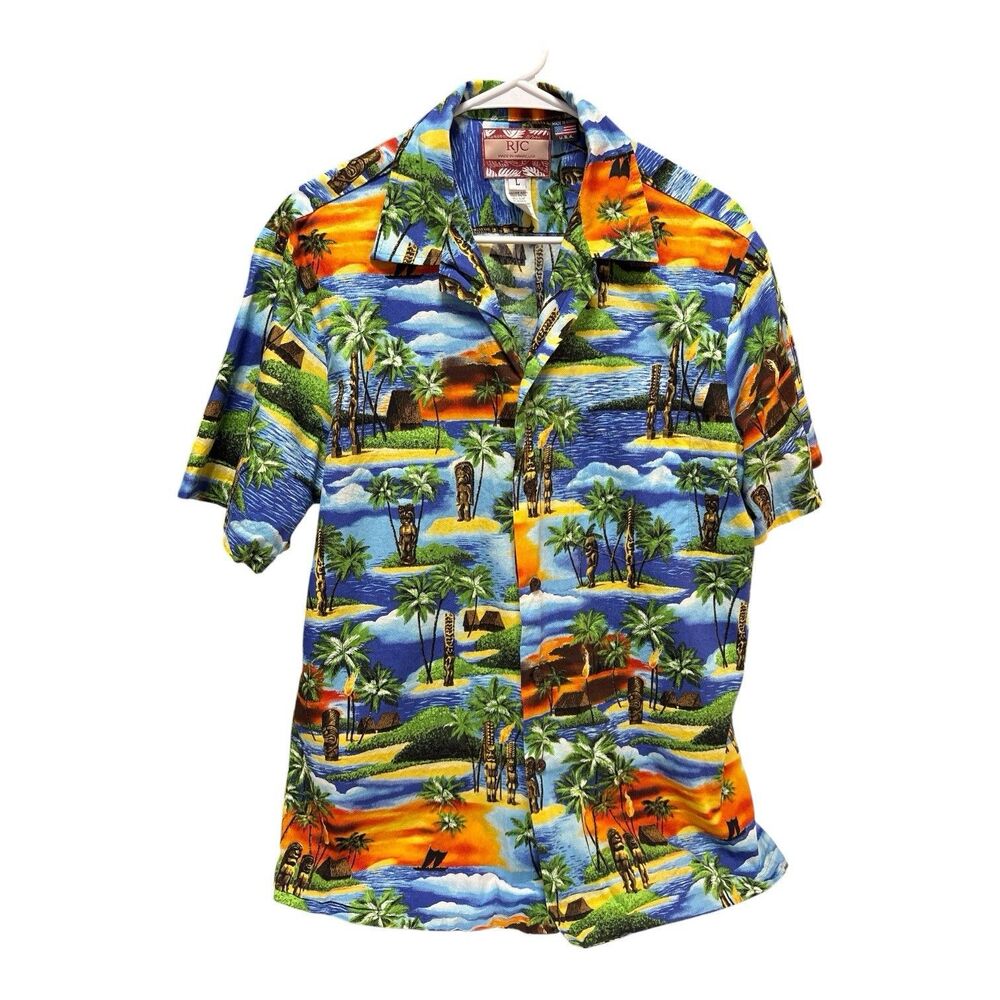 RJC Men’s Multi Color Short Sleeve Hawaiian Shirt Size Large Vacation Tropical